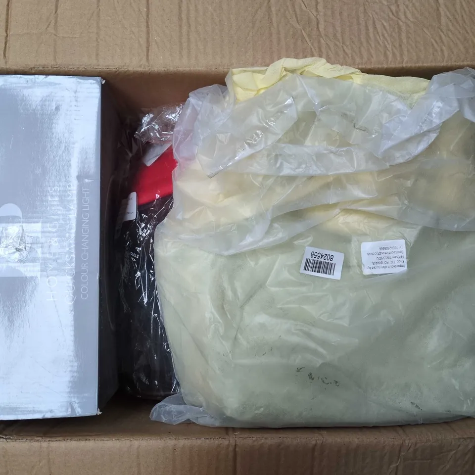 BOX OF APPROXIMATELY 15 ASSORTED ITEMS TO INCLUDE - CLPOTHING , QUICKSAND LAMP , ETC 