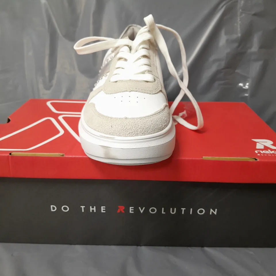 BOXED PAIR OF RIEKER REVOLUTION TRAINERS IN WHITE/PRISMATIC SILVER W. JEWEL EFFECT EU SIZE 39