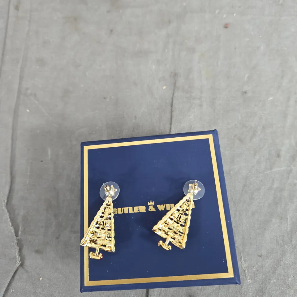 BUTLER & WILSON CHRISTMAS TREE EARRINGS – GOLD TONE WITH MULTICOLOUR STONES (BOXED)