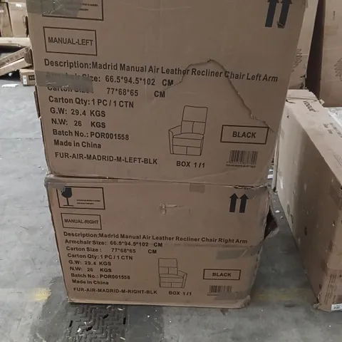BOXED MADRID MANUAL AIR LEATHER RECLINER CHAIR LEFT ARM & RIGHT ARM (2 BOXES)