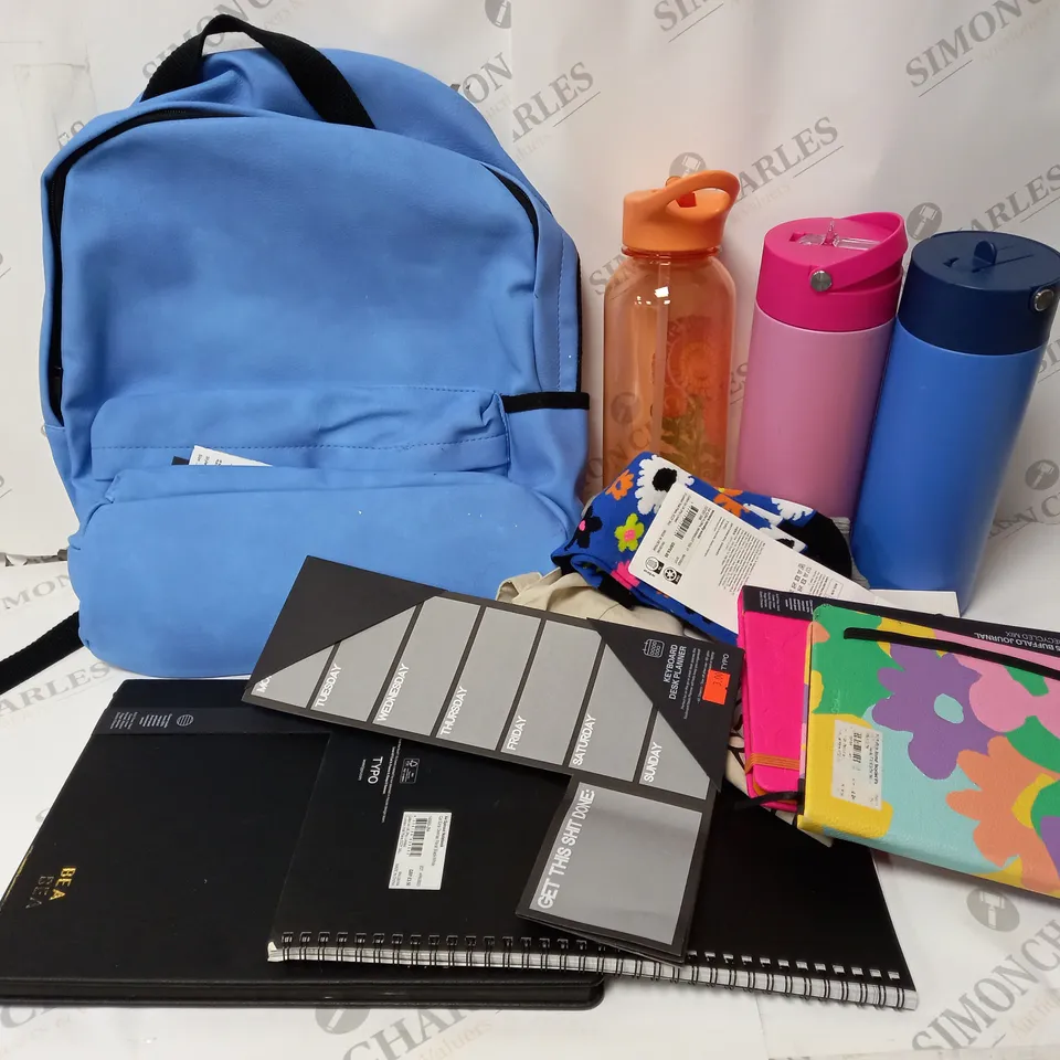 APPROXIMATELY 12 ASSORTED ITEMS TO INCLUDE TYPO BACKPACK, METAL DRINK BOTTLE, A4 JOURNAL ETC. 