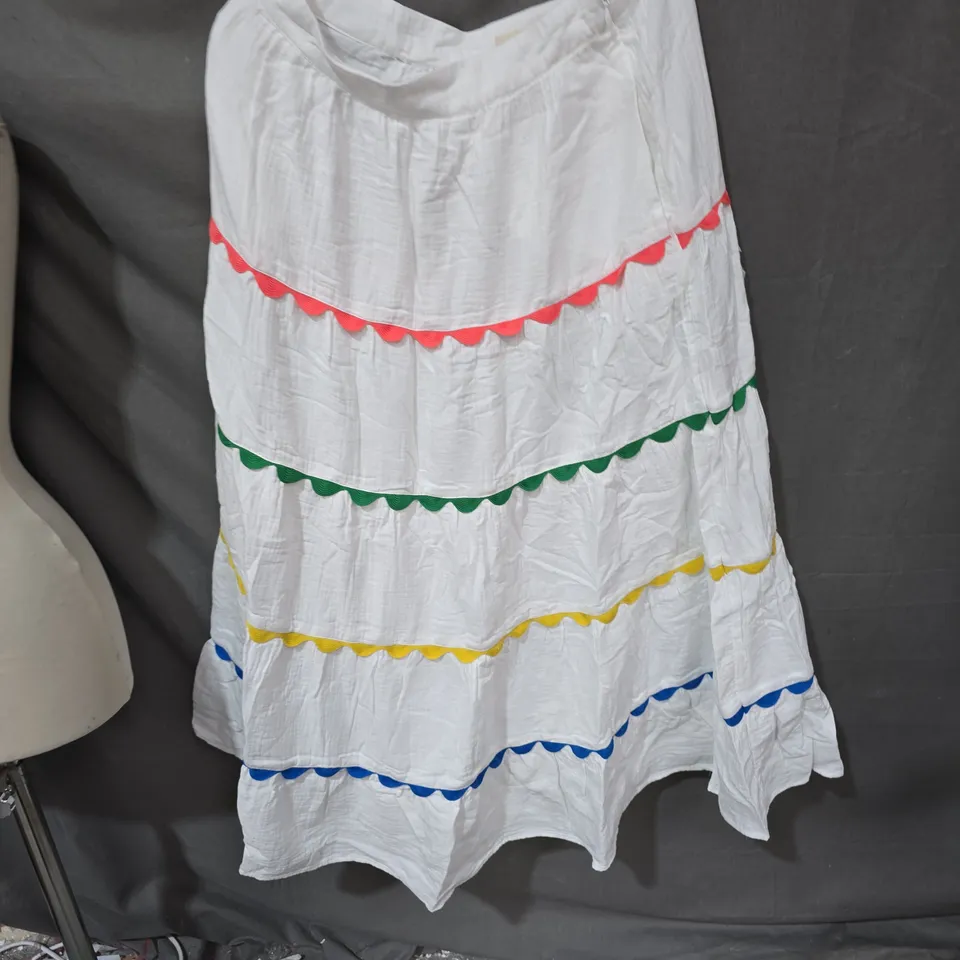 BODEN WHITE DRESS WITH RAINBOW TIERED TRIM, UK 12P (US 8P)