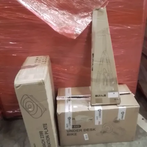 PALLET OF ASSORTED HOUSEHOLD GOODS AND PRODUCTS TO INCLUDE;GARDEN SHEARS,UNDER DESK BIKE,VIBRATION PLATE
