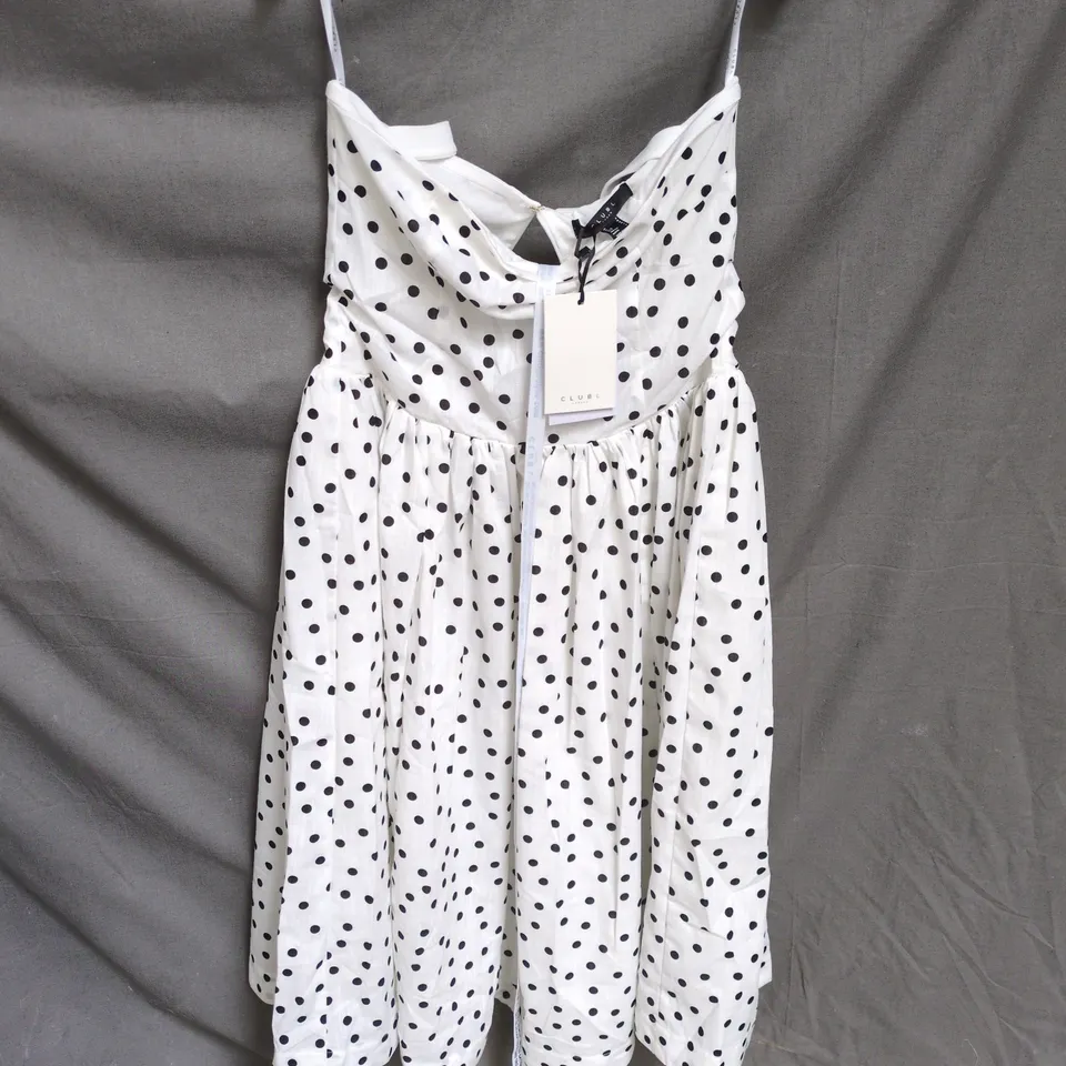 CLUB L TRIUMPH POLKA DOT BANDEAU MIDI DRESS IN WHITE/BLACK - UK 8