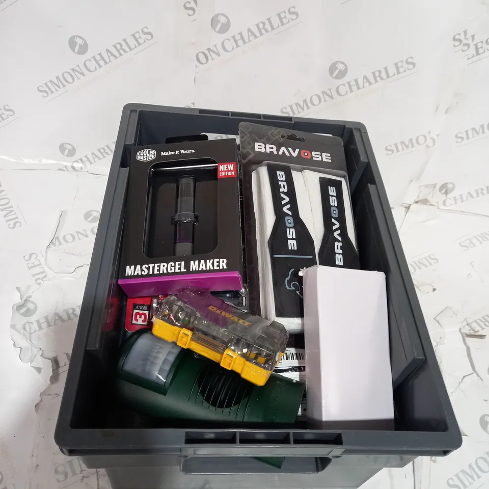 TOTE OF APPROXIMATELY 15 ASSORTED HOUSEHOLD  ITEMS TOO INCLUDE STAPLERS , HAND WRAPS AND DEWALT SCREWS 