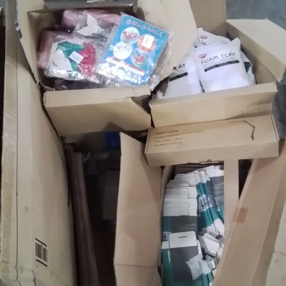 PALLET CONTAINING ASSORTED ITEMS TO INCLUDE: FOAM CLAY, MOSQUITO NETS, BEACH BALLS, DESK LAMPS ECT.