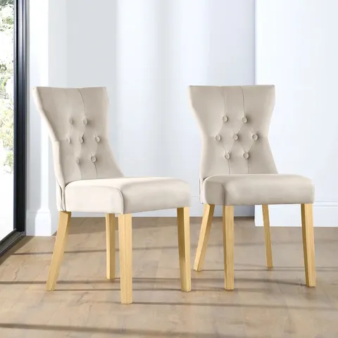 BOXED BEWLEY DINING CHAIR, CHAMPAGNE CLASSIC VELVET & NATURAL OAK FINISHED SOLID HARDWOOD 
