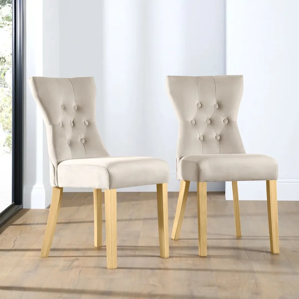 BOXED BEWLEY DINING CHAIR, CHAMPAGNE CLASSIC VELVET & NATURAL OAK FINISHED SOLID HARDWOOD