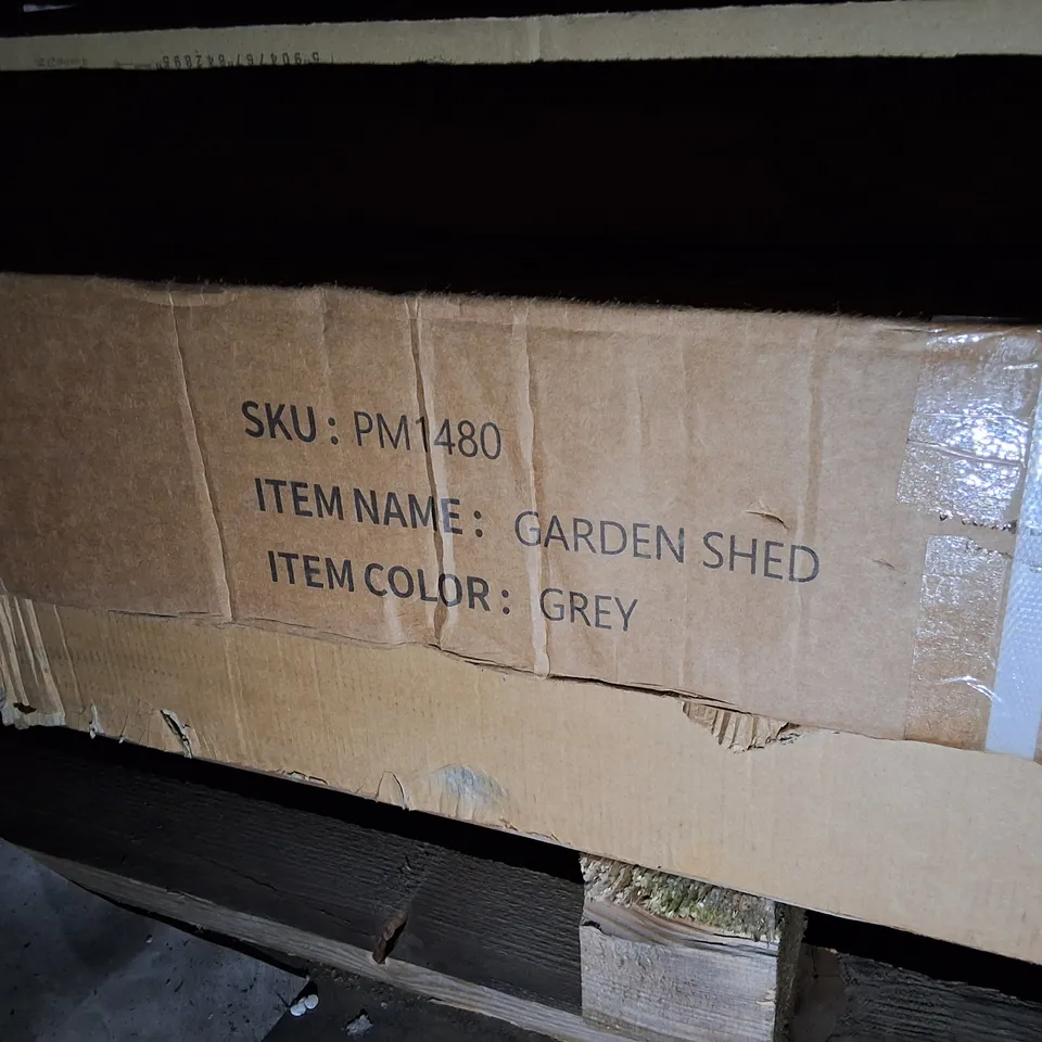PALLET OF ASSORTED FLAT PACK FURNITURE PARTS TO INCLUDE GREY GARDEN SHED