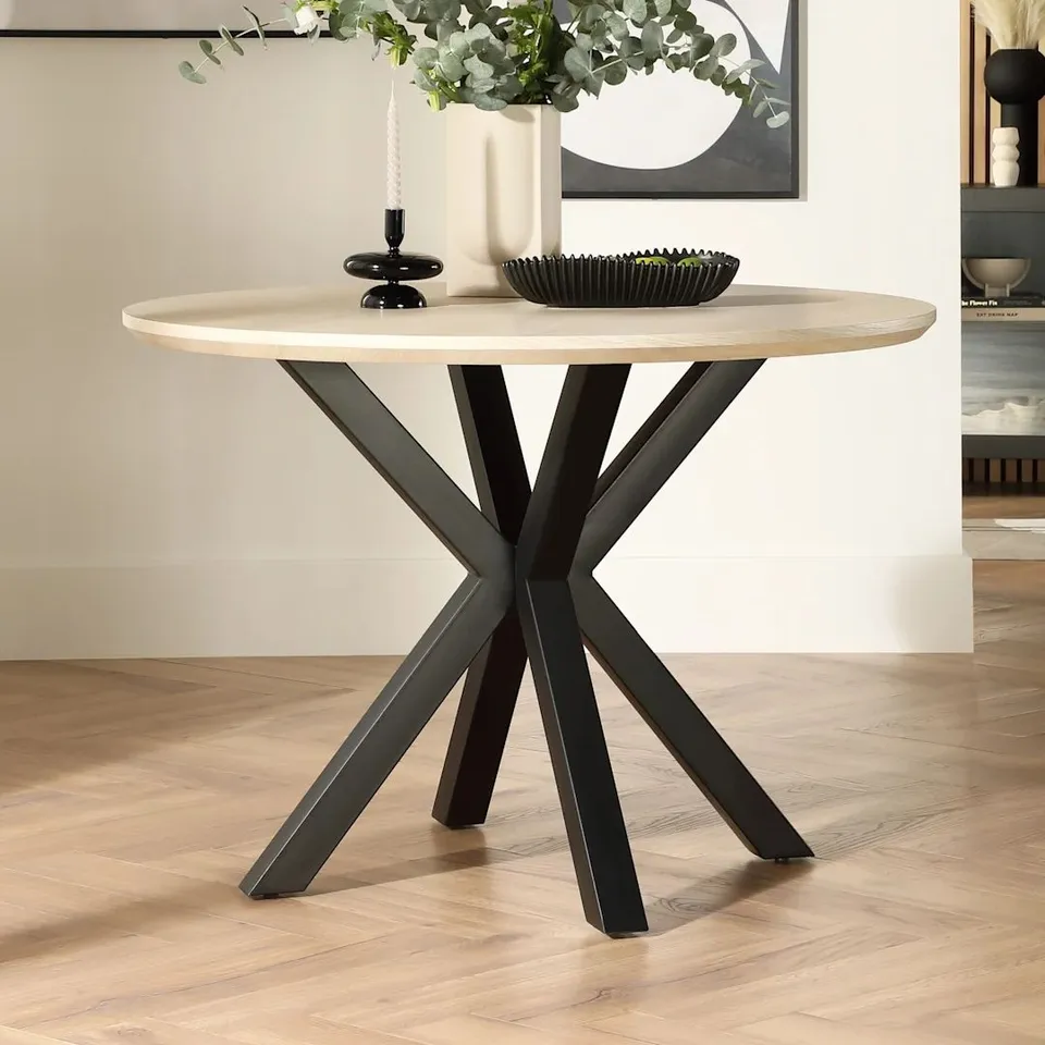 BOXED NEWARK ROUND DINING TABLE, 110cm, LIGHT OAK EFFECT & BLACK STEEL (2 BOXES)