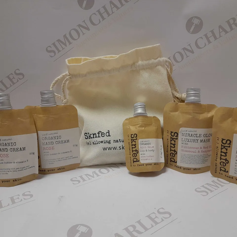 LOT OF 5 ASSORTED SKNFED PRODUCTS TO INCLUDE MUSCLE GLOW LUXURY MASK, FACE MOISTURISER, HAND CREAM, ETC