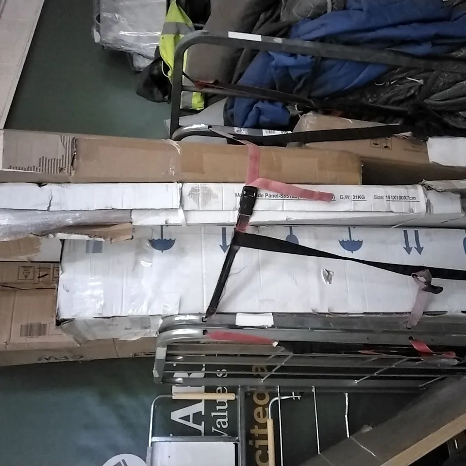 CAGE OF ASSORTED FLAT-PACK FURNITURE PARTS INCLUDING COFFEE TABLE, SHOWER PANELS, BED PARTS