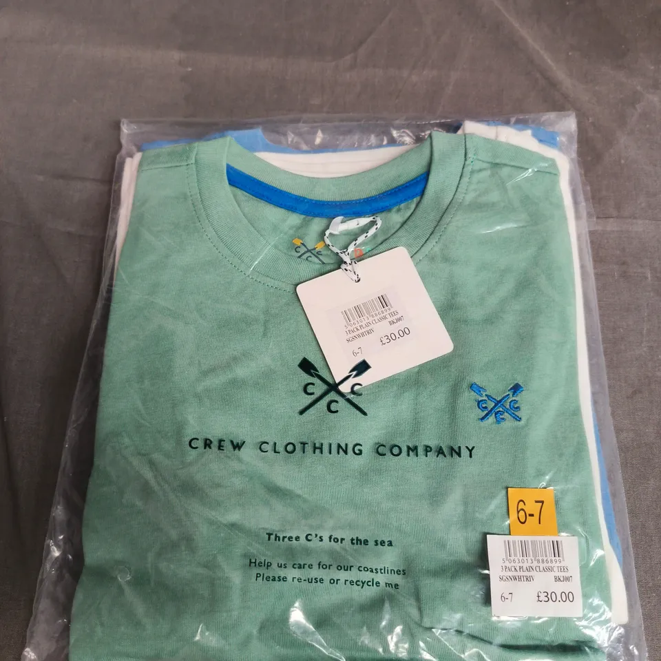 CREW CLOTHING COMPANY 3 PACK PLAIN CLASSIC TEES – KIDS, SIZE 6-7 (BKJ007)