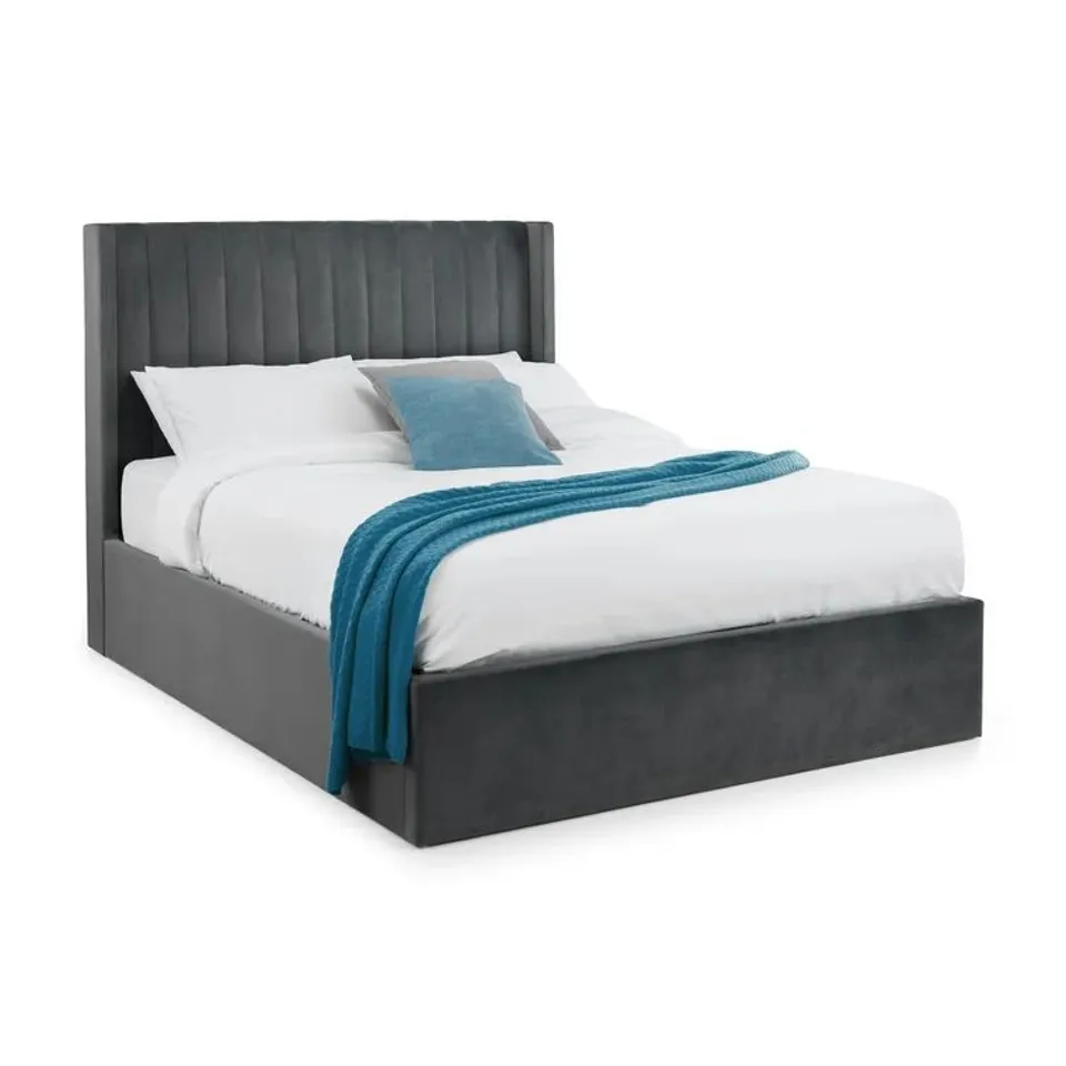BOXED DESIGNER BOZRAH KINGSIZE UPHOLSTERED OTTOMAN BED FRAME GREY (4 BOXES)