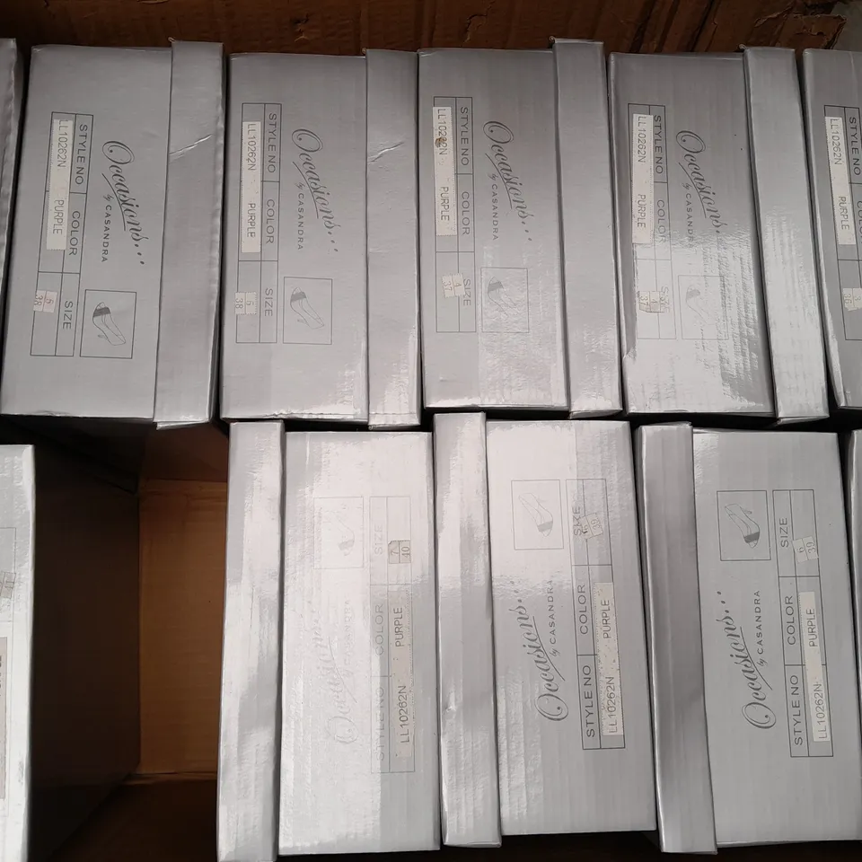 BOX OF APPROXIMATELY 12 PAIRS OF OCCASIONS BY CASANDRA PEEP TOE HIGH HEEL SHOES IN PURPLE W. JEWEL EFFECT - VARIOUS SIZES