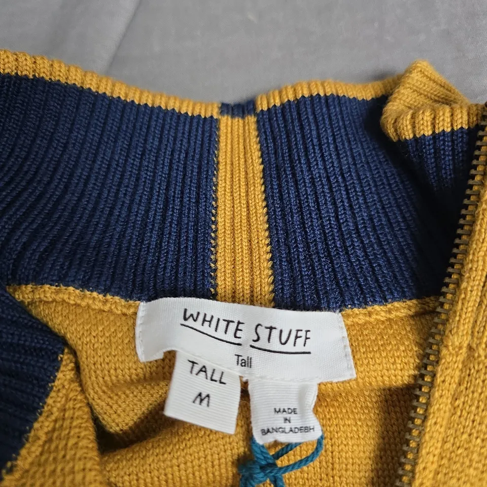 WHITE STUFF KNIT JUMPER – MUSTARD YELLOW WITH NAVY TRIM, HALF ZIP, TALL M