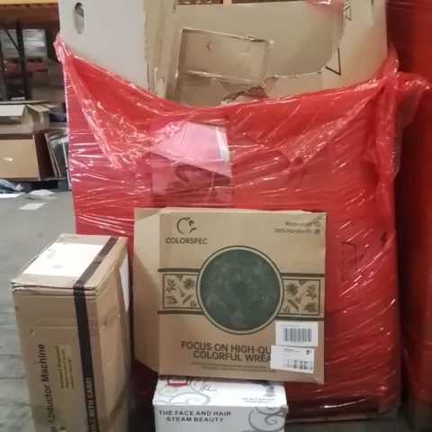 PALLET OF ASSORTED HOUSEHOLD GOODS AND PRODUCTS TO INCLUDE;FACE STEAMER,HIP ABDUCTOR MACHINE,WREATH