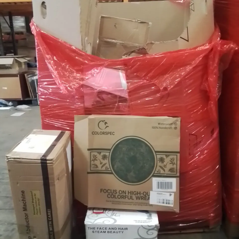 PALLET OF ASSORTED HOUSEHOLD GOODS AND PRODUCTS TO INCLUDE;FACE STEAMER,HIP ABDUCTOR MACHINE,WREATH