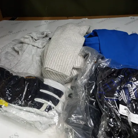 BOX OF ASSORTED CLOTHING ITEMS TOO INCLUDE JUMPERS, SHIRTS AND TROUSERS IN VARIOUS SIZES AND COLOURS   
