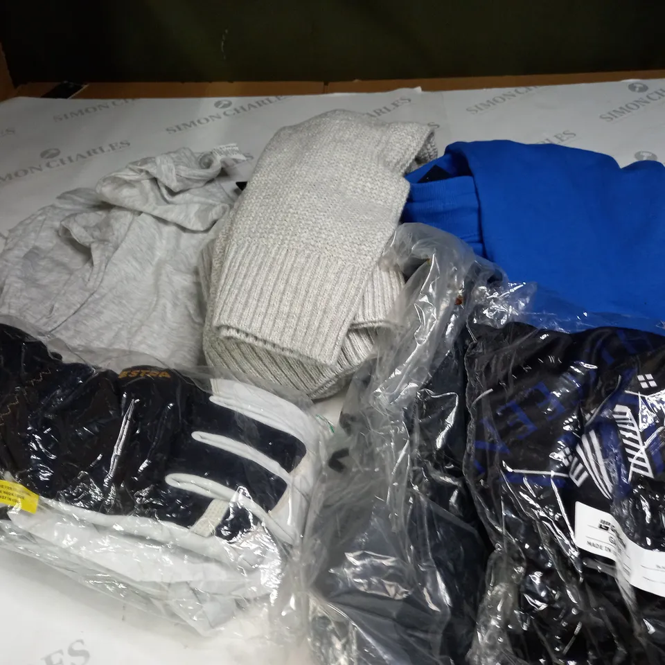 BOX OF ASSORTED CLOTHING ITEMS TOO INCLUDE JUMPERS, SHIRTS AND TROUSERS IN VARIOUS SIZES AND COLOURS   