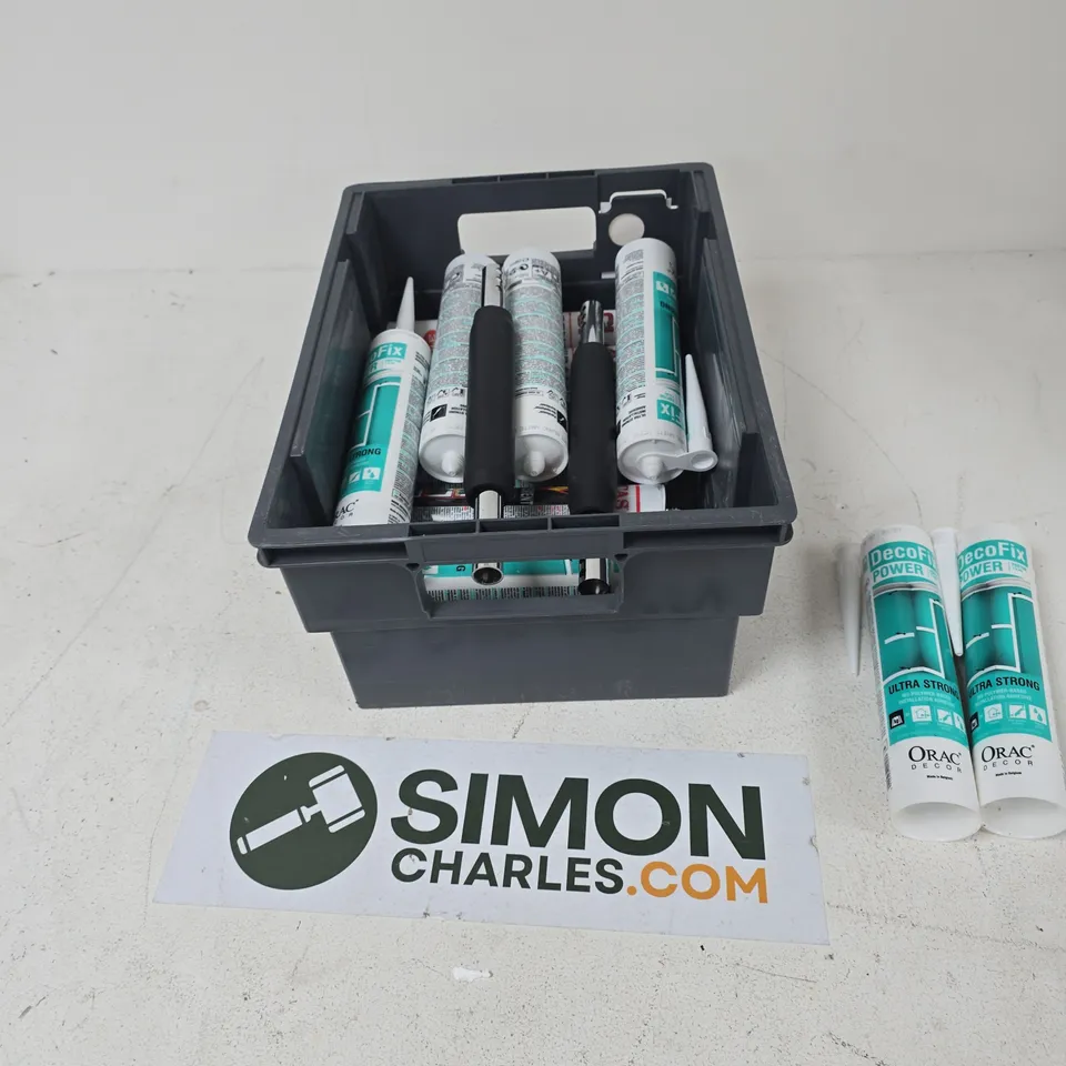 TOTE OF APPROXIMATELY 10 ASSORTED ITEMS TO INCLUDE: INSTILLATION ADHESIVE