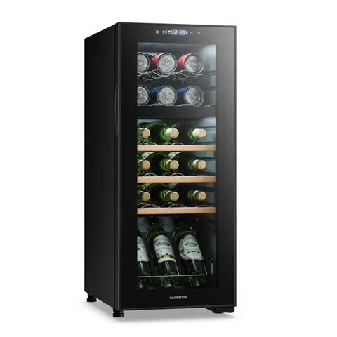 BOXED KLARSTEIN BOVELLA 34.5CM 18 BOTTLES DUAL ZONE WINE FRIDGE BLACK