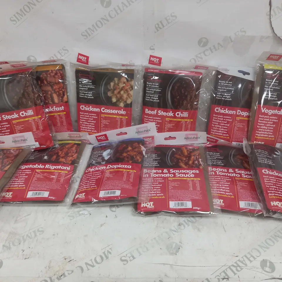 12 HOTPACK READY MEAL ACTION PACKS OF VARIOUS FOODS