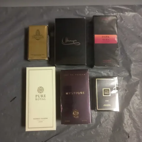 BOX OF APPROX 6 ASSORTED SEALED BOXED FRAGRANCES TO INCLUDE - AVON LITTLE BLACK DRESS - SCENTALIS DARK AURA - FEDERICO MAHORA PURE ROYAL - ETC