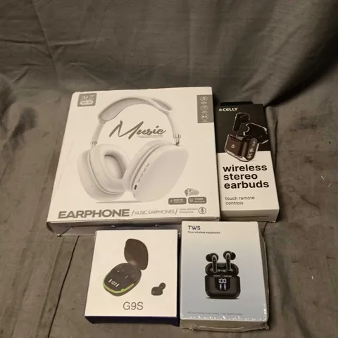 APPROXIMATELY 12 ASSORTED PORTABLE AUDIO ITEMS TO INCLUDE MX 09 EARPHONES,  CELLY EARBUDS, G9S, TWS WIRELESS EARPHONES ETC