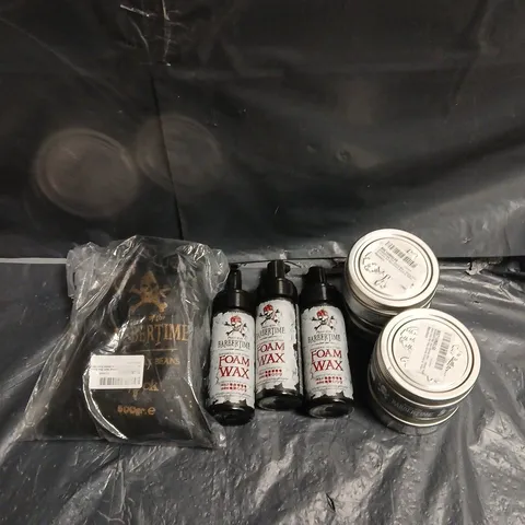 PIRATES OF BARBERTIME TOTE OF APPROX 24 PRODUCTS TO INCLUDE - POMADE - FOAM WAX - HARD WAX BEANS - COLLECTION ONLY