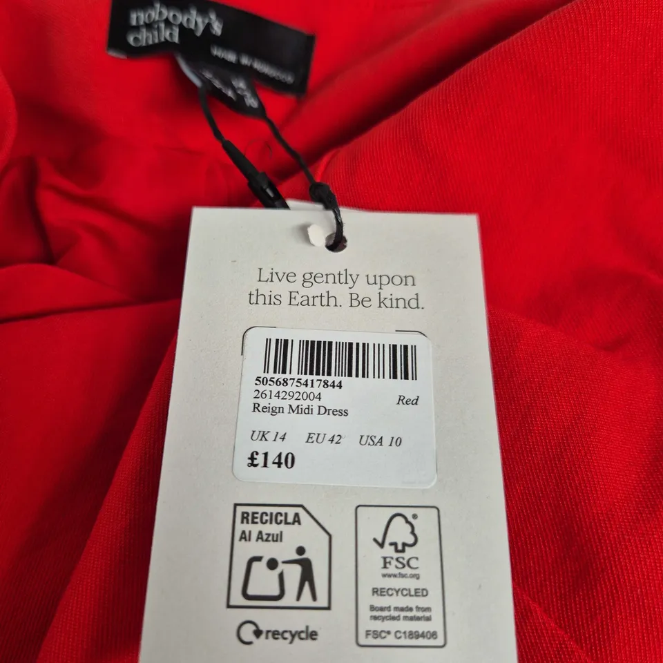 NOBODY'S CHILD REIGN MIDI DRESS – RED, UK 14 (EU 42, USA 10) – MADE IN MOROCCO