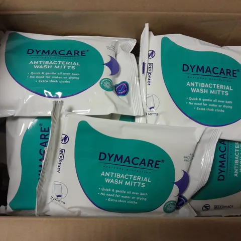 BOX OF APPROXIMATELY 20 PACKS DYMACARE ANTI BACTERIALL WASH MITTS 