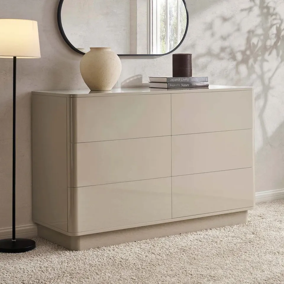BOXED DUSK ROMILLY HIGH GLOSS 6 DRAWER CHEST - TAUPE (1 BOX)