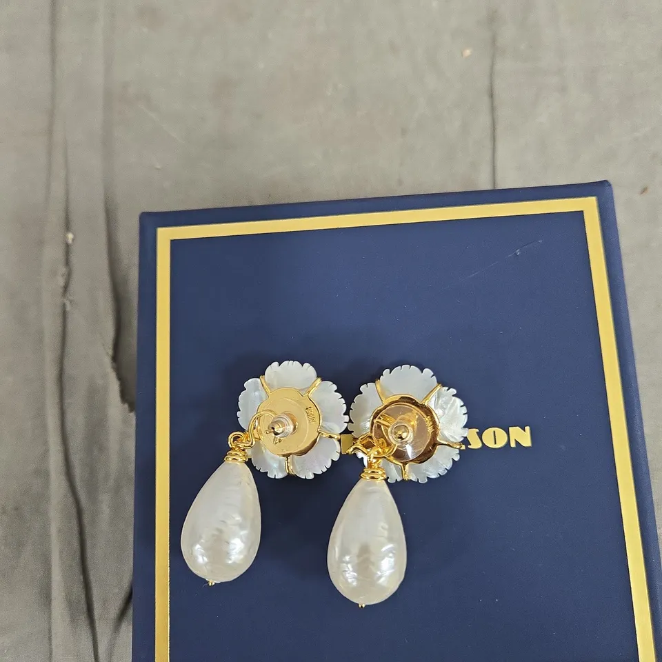 BUTLER & WILSON FLORAL EARRINGS WITH TURQUOISE CABOCHONS AND TEARDROP NACRE DROPS