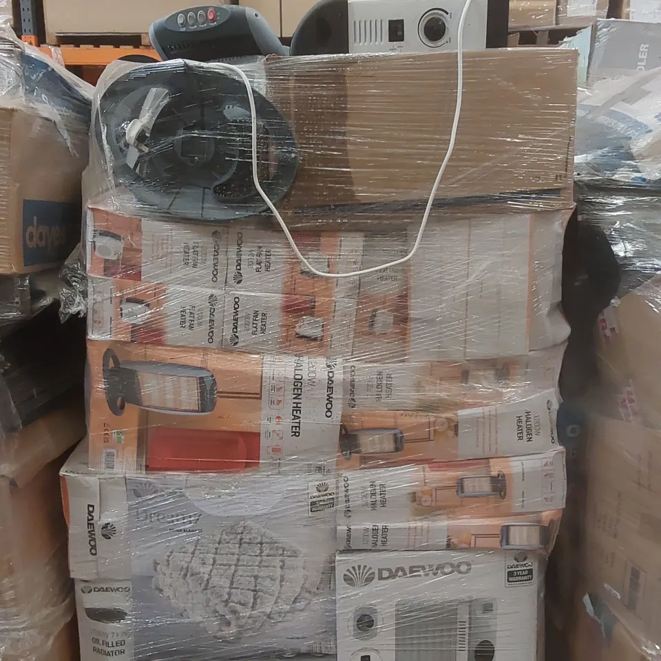 PALLET CONTAINING A VERY LARGE QUANTITY OF ASSORTED ELECTRIC ITEMS INCLUDING: DAEWOO HALOGEN HEATERS, 2000W OIL FILLED RADIATOR ECT