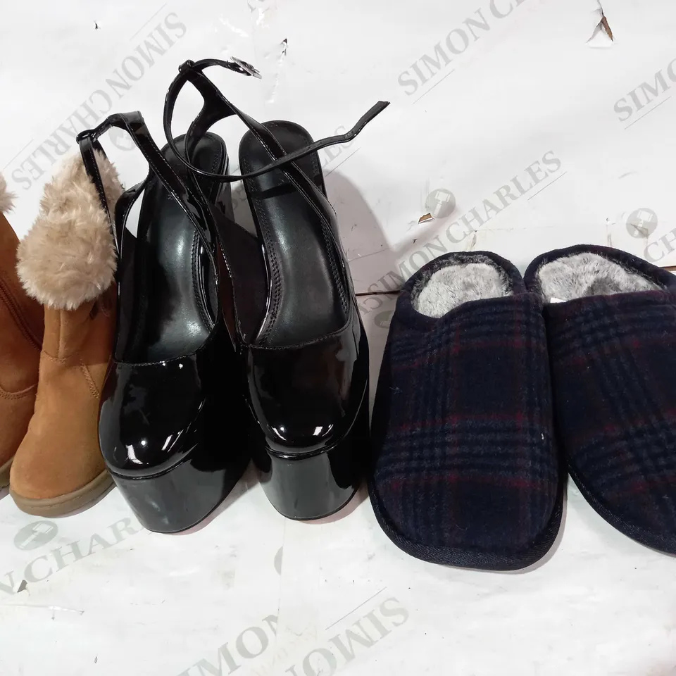 BOX OF APPROXIMATELY 10 ASSORTED PAIRS OF SHOES AND FOOTWEAR ITEMS IN VARIOUS STYLES, SIZES, AND COLOURS TO INCLUDE ASOS DESIGN, WALKMATES, M&S, ETC