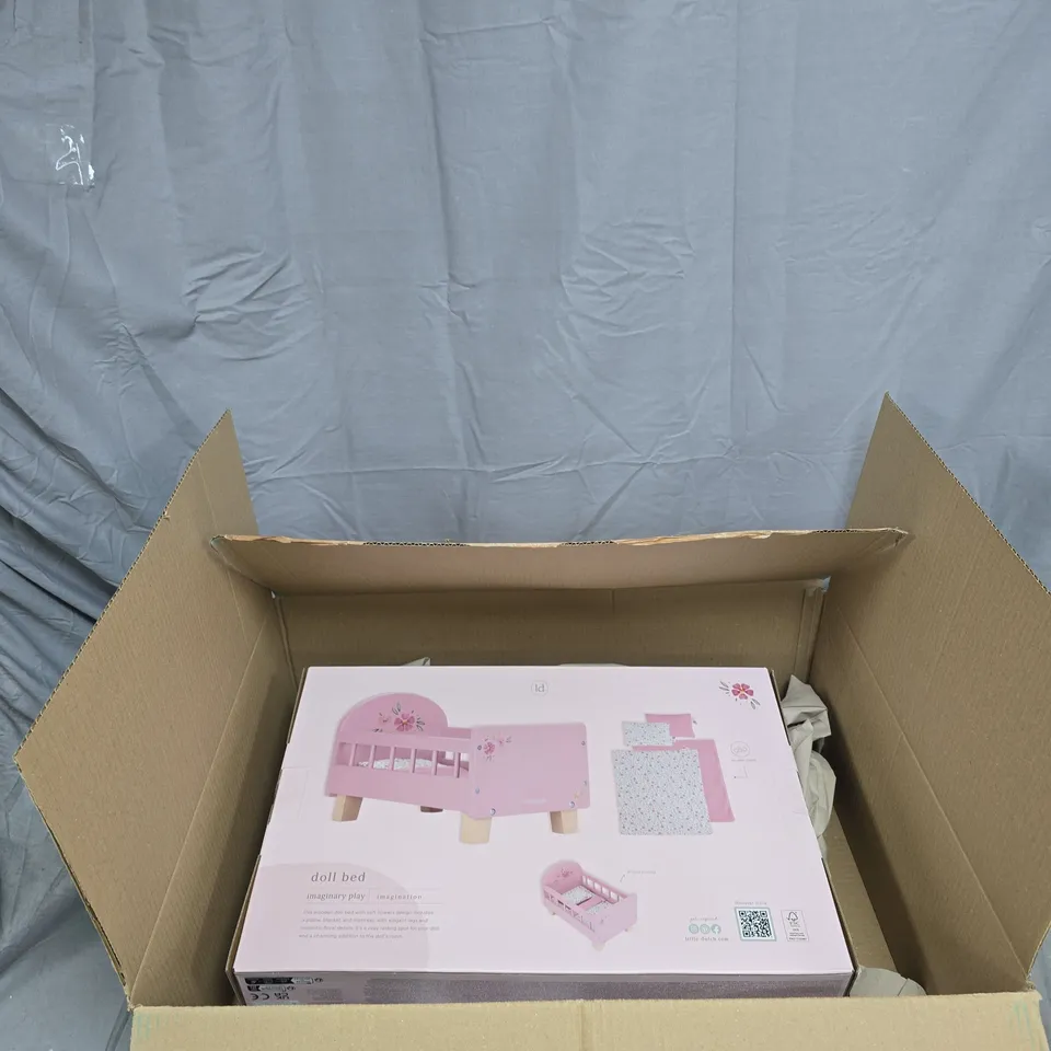 DOLL BED – WOODEN PINK TOY FURNITURE FOR IMAGINATIVE PLAY