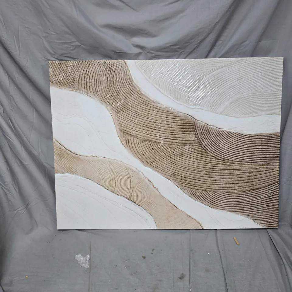 ABSTRACT PAINTING ON CANVAS WITH FLOWING BROWN AND WHITE BANDS