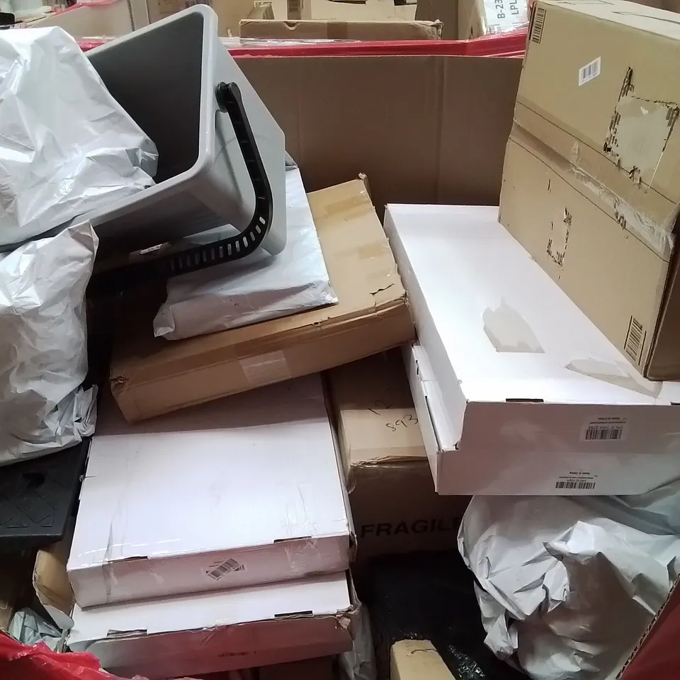 PALLET CONTAINING VARIOUS ASSORTED BOXED HOUSEHOLD ITEMS TO INCLUDE: PC MONITOR, RETRACTABLE SAFETY GATE,  WATER FILTRATION, AQUARIUM LIGHT AND LOTS MORE UNMARKED BOXED ITEMS 