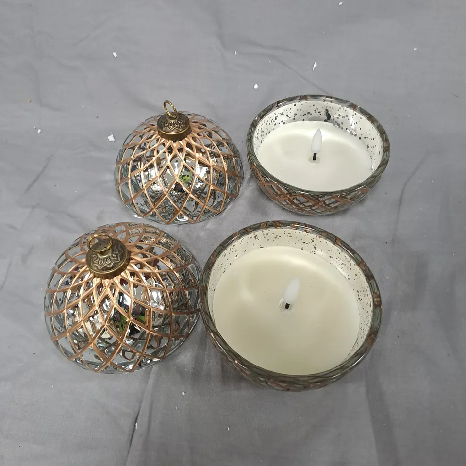 SET OF 4 DECORATIVE GLASS CANDLE HOLDERS WITH COPPER LATTICE FRAMES (LANTERNS AND BOWLS)