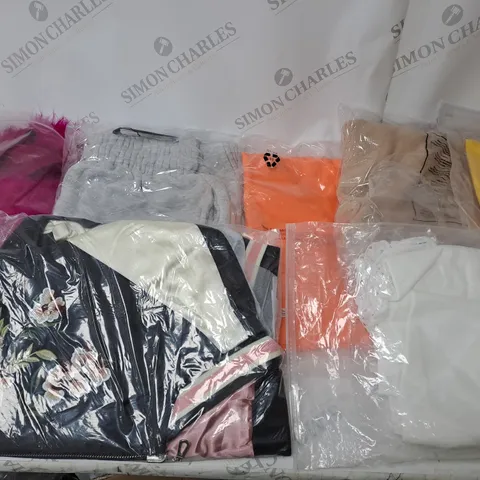 LARGE BOX OF ASSORTED CLOTHING ITEMS IN VARIOUS COLOURS AND SIZES INCLUDING TROUSERS , TOPS AND JUMPERS 