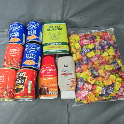APPROXIMATELY 10 ASSORTED FOOD ITEMS TO INCLUDE VERQUIN SWEETS, BAKED BEANS, AND ALIA EXTRA VIRGIN OLIVE OIL ETC.