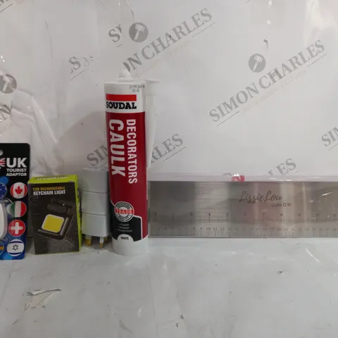 BOX OF APPROXIMATELY 9ASSORTED ITEMS TO INCLUDE - KEYCHAIN LIGHT - UK TRAVEL PLUG - SOUDAL DECORATORS CAULK ECT