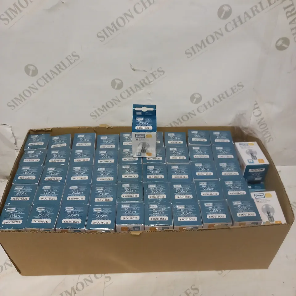 LOT TO CONTAIN 96 CROMPTON ROUND ES-E27 18W 240V CLEAR GLASS 2700K WARM WHITE LIGHT BULBS