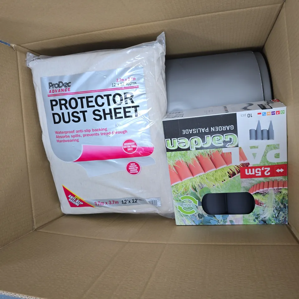BOX OF APPROXIMATELY 5 ASSORTED ITEMS INCLUDING PRODEC ADVANCE PROTECTORS DUST SHEET, PAL GARDEN GARDEN PALISADE AND ABENA PANTS PREMIUM