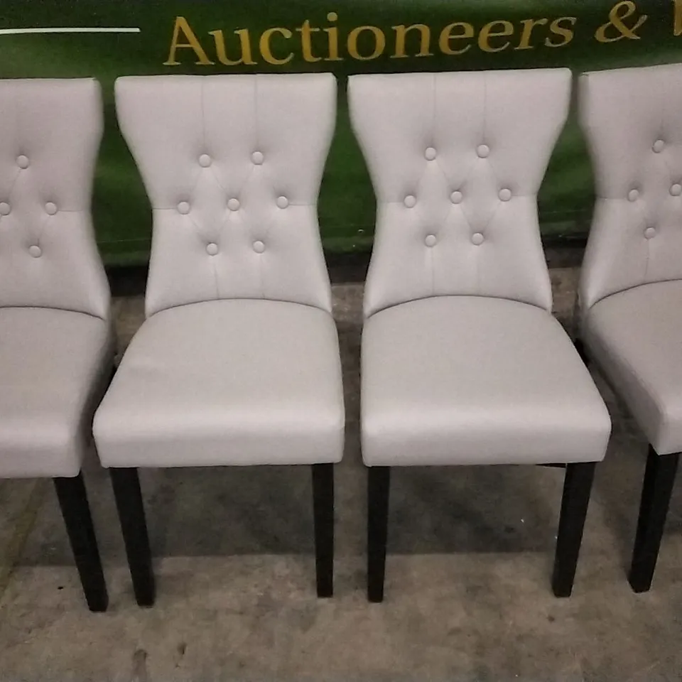 SET OF 4 LIGHT GREY LEATHER BUTTONBACK STUDDED DINING CHAIRS WITH KNOCKER BACKS AND BLACK WOODEN LEGS