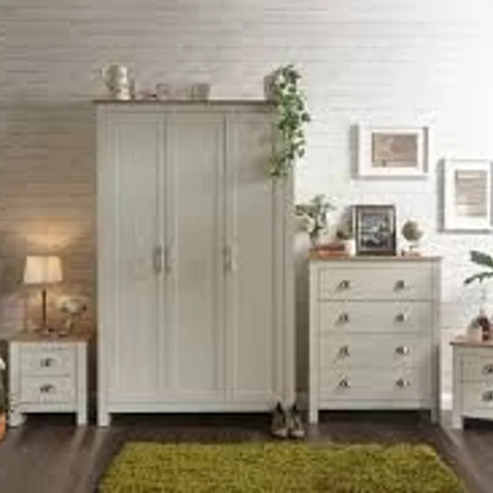 BOXED LANCASTER 4 PIECE SET INCLUDING 2 DOOR WARDROBE, 4 DRAWER CHEST AND 2 DRAWER BEDSIDE TABLE - CREAM (4 BOXES)