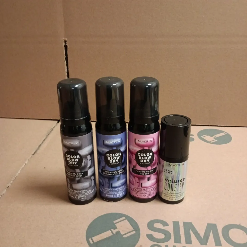 BOX OF APPROXIMATELY 50 MATRIX HAIRCARE PRODUCTS TO INCLUDE TEMPORARY COLOUR SPRAYS AND VOLUME BOOSTERS