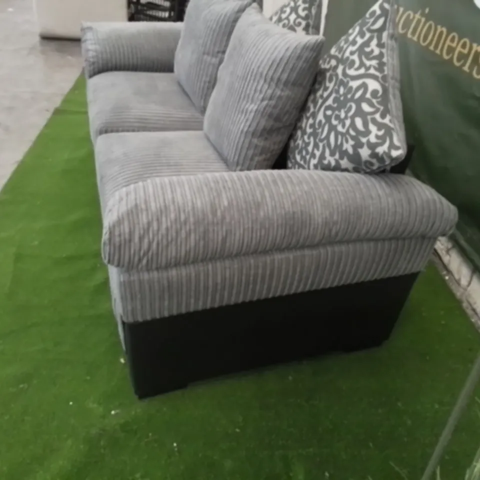 DESIGNER PHOENIX GREY CORDED FABRIC AND BLACK SUEDE EFFECT THREE SEATER SOFA WITH SCATTER CUSHIONS