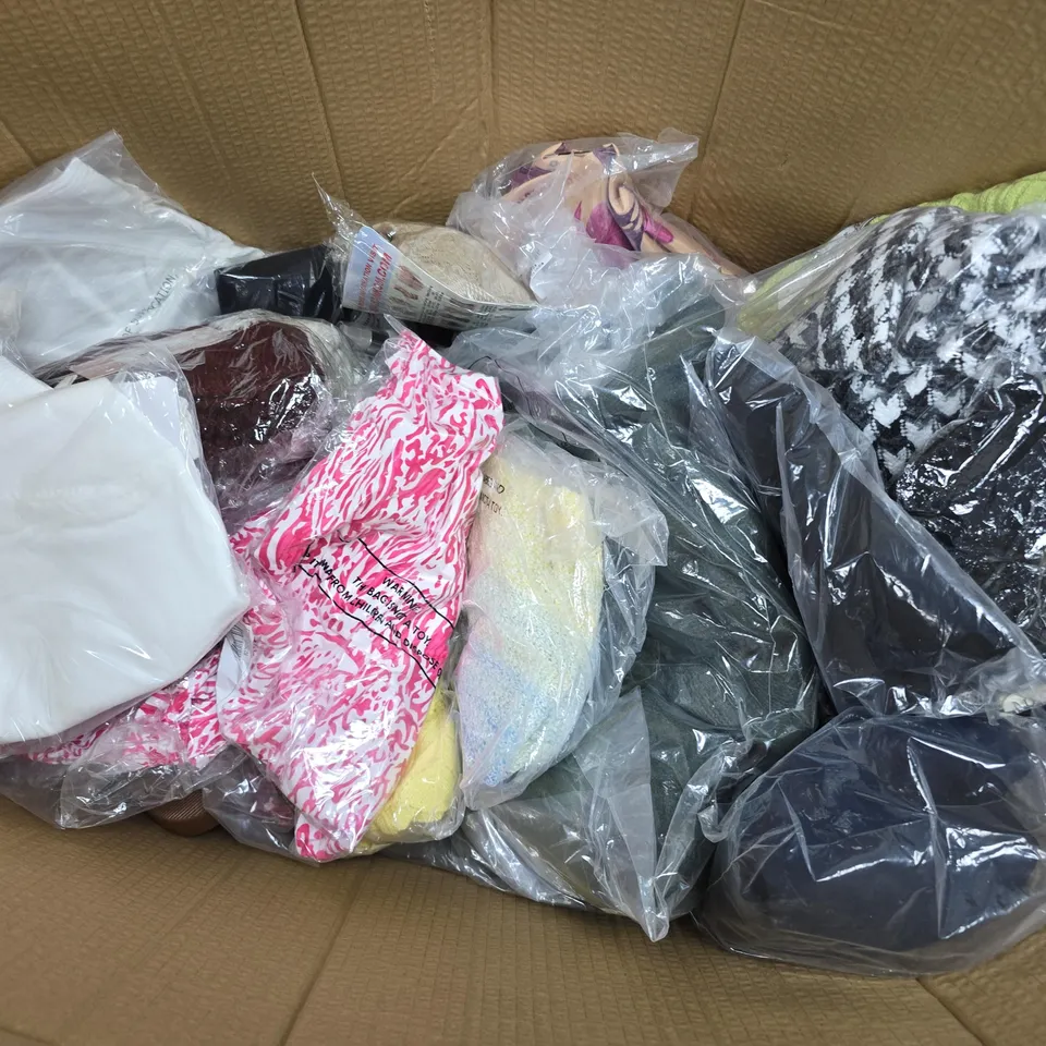 LARGE BOX OF ASSORTED CLOTHING TO INCLUDE JUMPERS - SHORTS - JACKETS  
